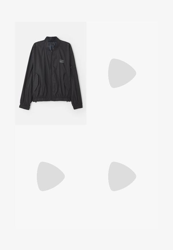 Black lightweight bomber jacket with a stand-up collar, elastic cuffs, and two front pockets. Features a zip closure and subtle logo detail.; Black cotton t-shirt with a crew neck, short sleeves, and a rectangular white label featuring numbers and a graphic design.; Black joggers with an elastic waistband and cuffs, featuring visible stitching along the legs and a label on the back. Soft fabric texture.; Black sneaker with leather and suede materials, round toe, beige laces, a gum rubber sole, and side perforations for breathability.