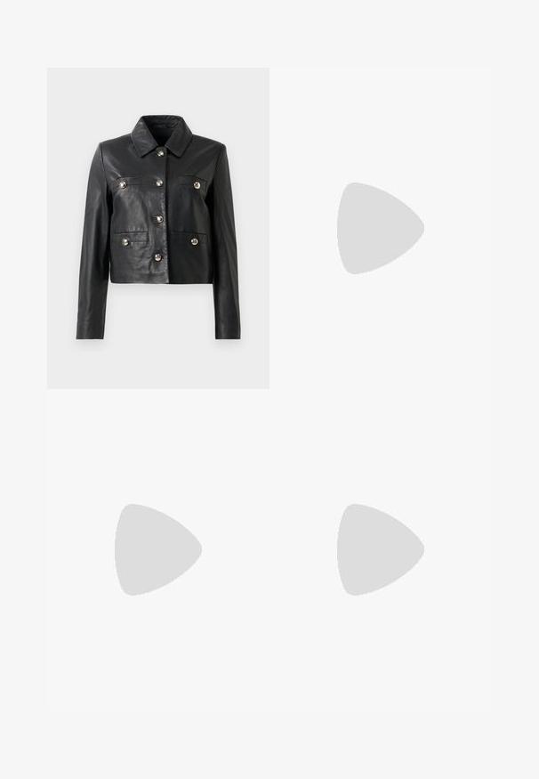 Black leather cropped jacket with a collar, featuring silver buttons, two chest pockets, and long sleeves. Smooth texture, minimal design.; White tank top with a ribbed texture, round neckline, and black embroidered logo at the center, featuring butterfly accents.; Beige wide-leg pants made of cotton blend fabric. Features a smooth texture, elastic waistband, and a side button detail.; Beige patent leather sandal with a square toe, two front straps, an ankle strap with a buckle, and a block heel.