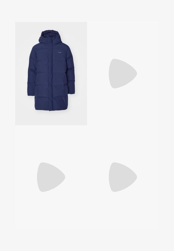 Navy blue puffer coat with a hood, featuring a zip closure and quilted texture. Branding visible on the upper left chest.; Gray knit sweater featuring a crew neckline and ribbed cuffs. A white letter "W" is embroidered on the left chest. Soft texture.; DOUBLE A BY W.W. WWHEINO STRAIGHT LEG - Trousers - salute; Black suede sneakers with a rounded toe, lace-up front, padded collar, and textured rubber sole for grip. Minimalist design and smooth finish.