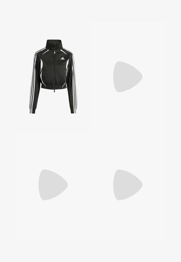 Black cropped jacket made of lightweight material features a high collar, full zipper, white side stripes, and an embroidered logo on the chest.; Black short-sleeve sports shirt with a V-neck and white collar. Adidas logo in white on the left chest, made of smooth, synthetic fabric.; Black, lightweight, waterproof pants with an elastic waistband, side pockets, and adjustable cuffs. Features a white logo on the left thigh.; adidas Performance ULTRABOOST 5  - Road running shoes - shadow navy/legend ink/preloved purple