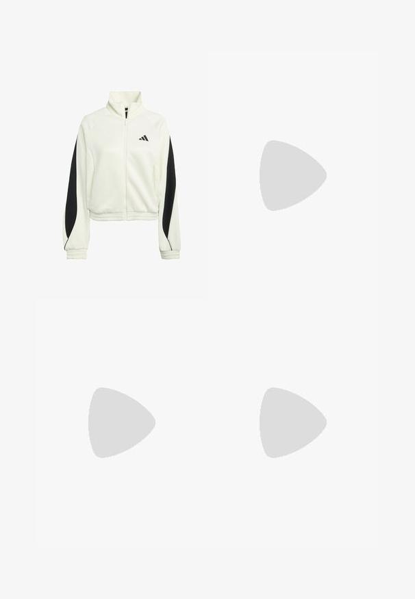 White zip-up jacket with black accent panels, ribbed cuffs, and a high neckline. Features the Adidas logo on the left chest area.; Cropped, short-sleeve t-shirt in light beige cotton. Features a high neck and black circular logo on the left chest area.; Beige sweatpants with elastic waistband and drawstring, featuring a relaxed fit and small blue logo on the left side. Soft fabric texture.; Beige athletic shoe with pink three-stripe logo, textured mesh upper, padded collar, and white rubber sole, featuring "LIGHTSTRIKE" branding.