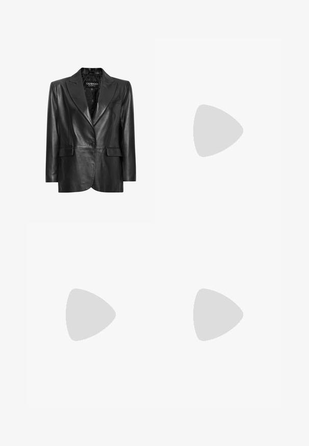 Black leather blazer with a notched lapel, single button closure, two front pockets, and textured lining. Designed with a tailored fit.; White sleeveless top with a textured, ruffled pattern. Features a high neckline and uneven hem, complemented by dark denim pants.; Long-sleeve dress made of lightweight fabric with multicolored horizontal stripes in shades of green, orange, and brown; features gathered details.; Black leather combat boots with a high shaft, lace closure, chunky rubber sole, and metal accents on the sole's base.