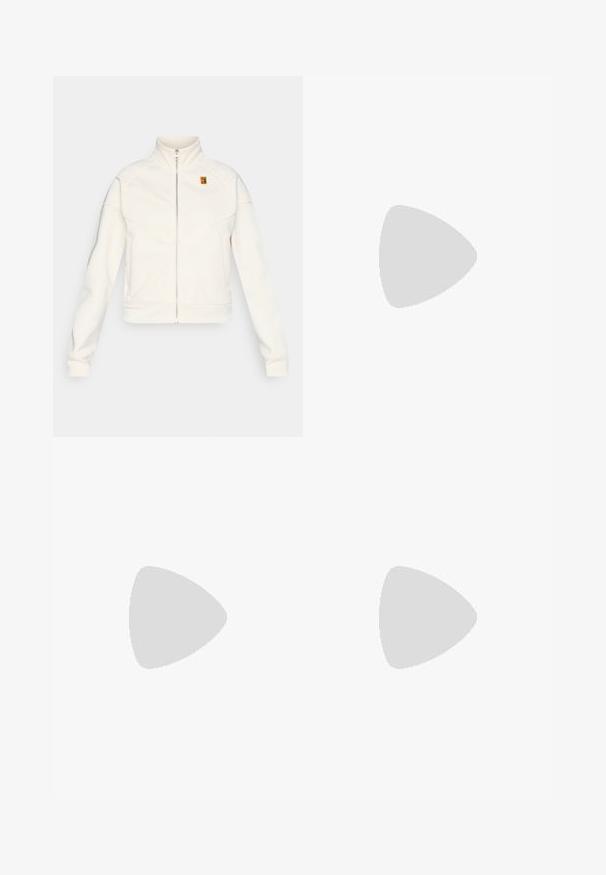 White fleece jacket with high collar and front zipper. Features chevron stitching and a small colorful logo on the upper left side.; White sleeveless athletic top featuring a V-neckline, cutout detail, and black Nike logo on the left chest. Made of breathable fabric.; Peach-colored athletic skirt made from a smooth, stretchy fabric. Features a flared design and a white Nike logo on the lower right.; Black mesh athletic shoe with white accents, designed for comfort. Features a round toe, lace-up front, and a thick white midsole.