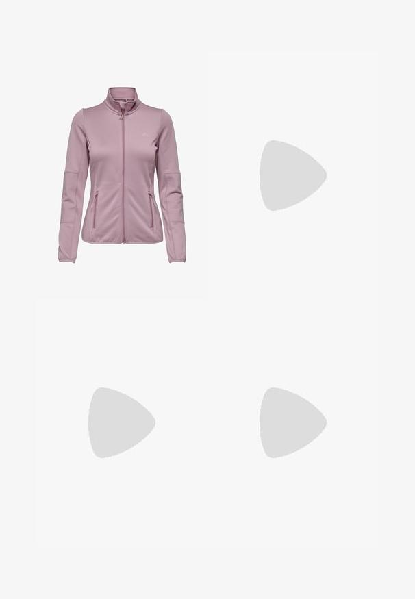 Light pink zip-up jacket made of soft, stretchy fabric, featuring ribbed accents on the sleeves and two side pockets.; Light lavender short-sleeve t-shirt, featuring a twisted knot design at the front, made of soft, lightweight fabric with a round neckline.; Purple athletic leggings made from stretchy material. Features blue diagonal stripes and a white logo on the lower left leg.; Lightweight running shoe in white mesh with a pink midsole. Features a textured sole and side logo, designed for comfort and support.