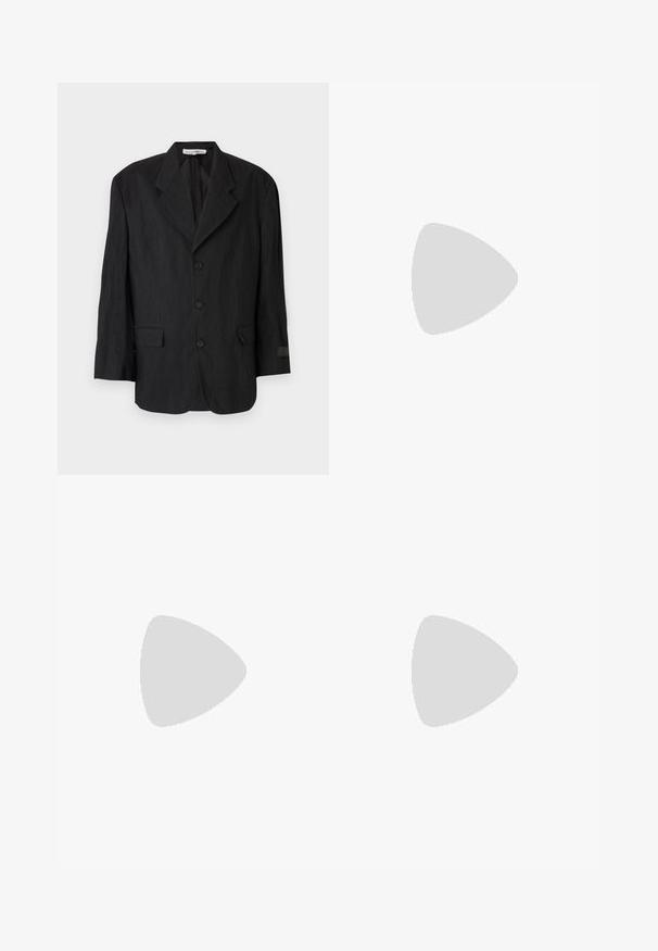 Black blazer made of textured fabric, featuring a notch lapel, six buttons, and two pockets. The left sleeve has a label detail.; Black cotton T-shirt with a crew neckline, short sleeves, and a small white "TIGER OF SWEDEN" logo on the chest. Classic fit.; Black wide-leg pants with white stitching details, featuring a button closure and a belt loop waistband. Made from lightweight fabric.; Black leather loafers with a sleek design, rounded toe, and low stacked heel. Features a decorative stitched detail on the upper.
