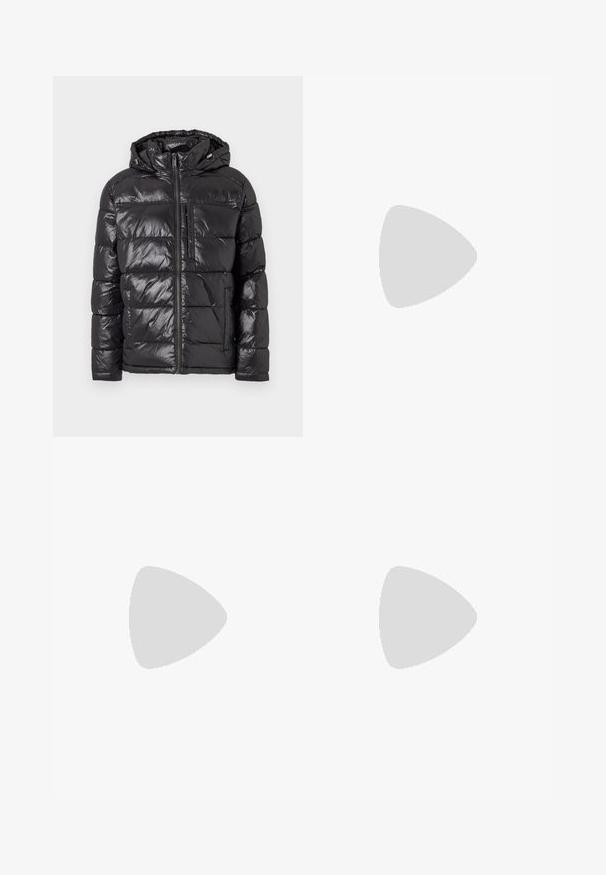 Black puffer jacket featuring a shiny, quilted exterior, a hood, front zipper, and two side pockets. Lightweight and insulated design.; Brown long-sleeve crewneck sweater with ribbed cuffs and hem, labeled Filippa K, laid flat on white background.; Filippa K WIDE TROUSERS - Trousers - driftwood; Black leather loafer with a rounded toe, subtle stitched detailing, and a low heel, featuring a smooth texture and minimalist design.