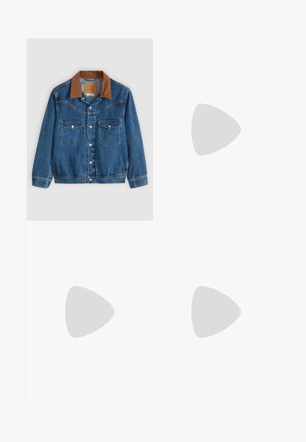 Blå denimjacka med krage i brunt kordflord, silverfärgade tryckknappar framtill och två knäppta bröstfickor.; Röd långärmad sporttröja med mesh-textur, navyblå och vita randiga detaljer samt en central svart Adidas-logotyp.; Röda idrottsbyxor i mjukt tyg, med slim fit, elastisk midja och vita sidostråk med logodetalj nära höften.; Vita lädersneakers med tre horisontella ränder i röd, blå och grön. Rundad tå, texturerad överdel och vadderad krage.