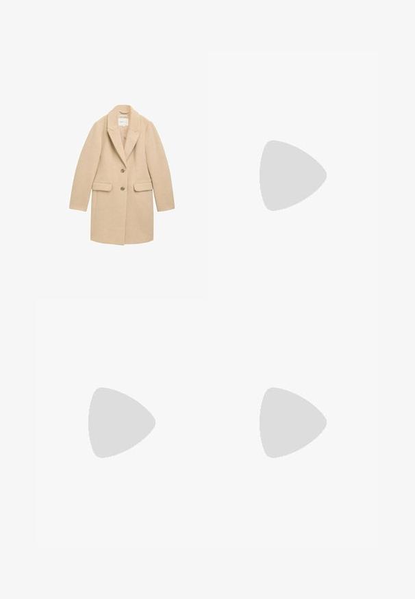 Manteau en mélange de laine beige avec une silhouette ajustée, des revers à cran, deux poches avant et deux boutons. Texture lisse et design minimal.; Pull en rib beige clair avec des manches longues, un col rond et un motif texturé subtil. Tissu doux avec une coupe décontractée et sans éléments métalliques visibles.; Jean droit bleu foncé en denim, avec cinq poches, fermeture par bouton en métal et surpiqûres contrastées. Aucun effet de délavage visible.; Baskets beige et blanches avec un dessus texturé, fermeture à lacets et collier rembourré. Dotées de trois rayures blanches sur les côtés et d'une semelle en caoutchouc.