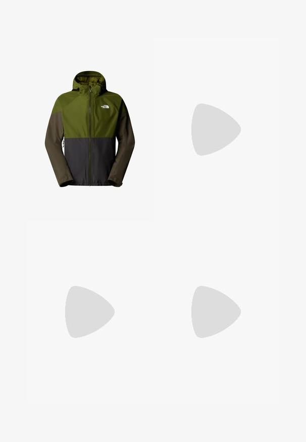 Chaqueta resistente al agua con un diseño bicolor en oliva y verde oscuro, con capucha, cremallera completa y logotipo en el pecho.; Camiseta de manga corta verde claro hecha de algodón suave, con una pequeña etiqueta de logo rojo en el área del pecho izquierdo. Corte relajado y escote redondo.; Pantalones cargo naranjas con corte holgado, que cuentan con múltiples bolsillos y costuras en contraste. Combinados con zapatillas blancas.; Zapatilla de trail running con una combinación de colores en gris y negro, material superior de malla, suela resistente y acentos texturizados para mayor agarre.