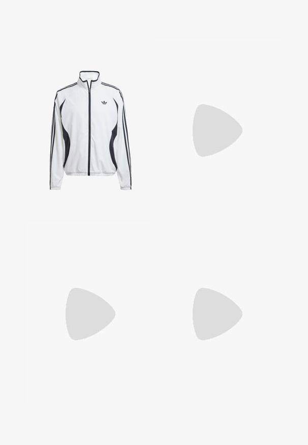 Veste de piste blanche en tissu léger, avec des accents noirs sur les côtés, trois rayures noires sur les manches et un petit logo sur la poitrine.; T-shirt en coton bleu marine à manches courtes, col rond, avec trois rayures blanches sur les épaules et un petit logo blanc sur la poitrine.; Pantalon de sport blanc avec des bandes noires sur les côtés, taille élastique et bords-côtes ; présente le logo Adidas sur la cuisse gauche. Texture de tissu lisse.; Chaussure de sport blanche avec des rayures diagonales noires, en matière en maille légère, accents verts et contrefort rouge ; présente un design élégant et allongé.