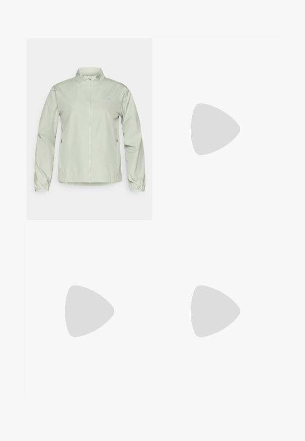 Light green windbreaker jacket with a stand-up collar, zip front, elasticized cuffs, and side pockets; smooth, water-resistant fabric texture.; Long-sleeve light green shirt made from textured fabric, featuring a round neckline and a small logo on the left chest area.; High-waisted leggings in muted green fabric, featuring smooth texture and a close-fit design. Small logo in dark gray on the upper leg.; Light purple athletic shoe with quilted texture, black side accents, and white logo. Features laces and a cushioned sole for comfort.