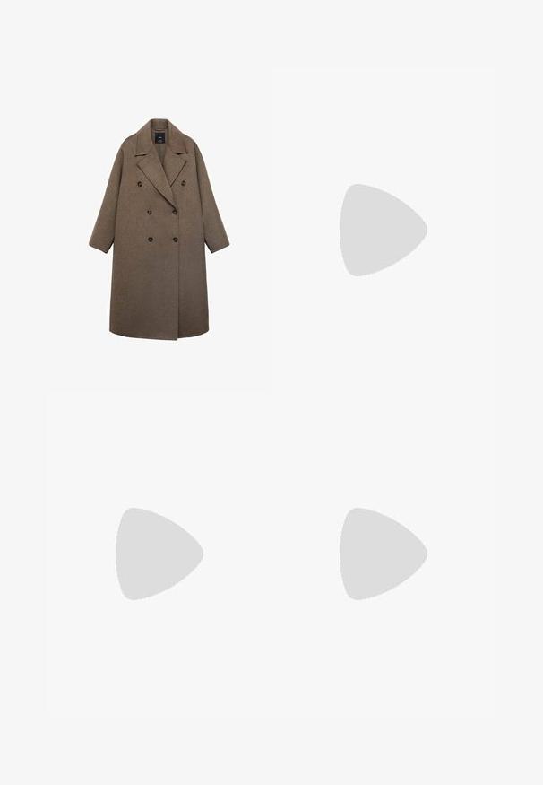 Cappotto doppiopetto in lana marrone con colletto a punte, grandi bottoni neri e maniche larghe, caratterizzato da un design fino al ginocchio.; Cardigan lavorato a maglia verde oliva con scollo rotondo, grandi bottoni lungo la parte anteriore e polsini e orlo a costine. Texture morbida, vestibilità comoda.; Maglietta a maniche corte bianca con collo giro, con un'etichetta nera al colletto, stesa su uno sfondo bianco.; Pantaloni neri a gamba larga realizzati in un tessuto morbido, caratterizzati da pieghe davanti, vita media e senza chiusure o decorazioni visibili.; Scarpe sportive con tomaia in pelle bianca, punta in suede grigia e tre strisce nere. Presentano un logo blu sulla linguetta e una suola in gomma testurizzata.