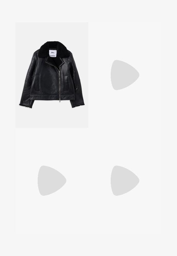 Black leather jacket with a shearling collar, front zipper, and two side pockets. Features textured leather and frayed sleeve edges.; Beige, sleeveless knit top with a ribbed texture, featuring an A-line shape and subtle diagonal stitching details.; Beige wide-leg pants with an elastic waistband and drawstring tie. Made from a lightweight material, featuring a smooth texture and clean lines.; Brown leather sandal with thin straps, a gold circular accent, and a flat sole. Minimalist design with an adjustable buckle detail.