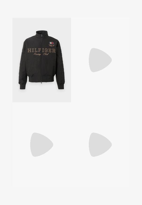 Casaco preto com fecho éclair, com punhos canelados, texto "HILFIGER Racing Club" na parte da frente e um pequeno emblema de corrida no canto superior direito do peito.; T-shirts de algodão pretos com um design de gola redonda, exibidos em uma pilha. Cada camisa apresenta o logótipo "Selected" na gola.; Jeans largos castanhos em denim. Características incluem fecho éclair, passantes para cinto e cinco bolsos. O tecido apresenta uma aparência desbotada e texturizada.; Tommy Hilfiger RETRO RUNNER MIX - Sapatilhas - black/cocoa