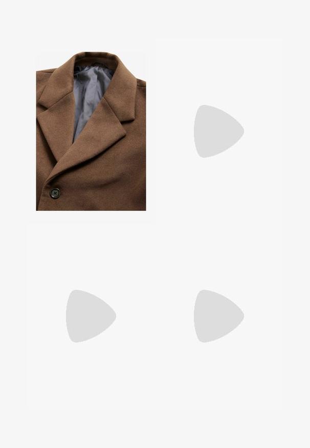 Brūns vilnas maisījuma mētelis ar lieliem izgrieztiem uzrakstiem, viens pogas aizdare un pelēka satīna odere. Mīksta tekstūra ar smalkiem apdariem.; Brūns adīts džemperis ar garām piedurknēm, apaļu dekoltē un mazu dzeltenu emblēmu uz krūšu daļas. Mīksta tekstūra un klasiskā piegriezne.; Tumši zaļas elastīgas jostas sviedru šortus ar auklu, gluda tekstūra un redzamām šuvju detaļām. Vienkāršs, funkcionāls dizains.; Tumši zaļi zamšādas mokasīni ar faktūru, ar izšuvumu un ādas oderi, uz tumša koka zoles.