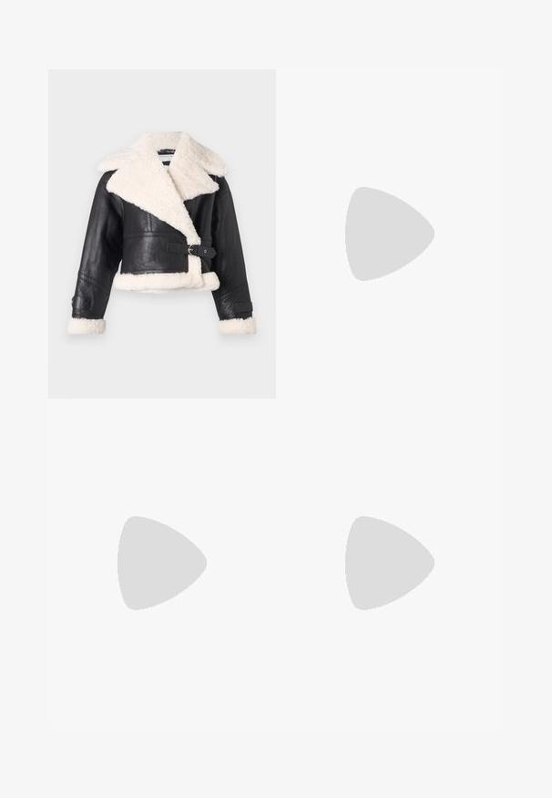 Black leather cropped jacket with a creamy faux shearling collar and lining. Features a side buckle and decorative stitching on sleeves.; Black crop top made of shimmering material with long sleeves and a mock neck. Features a ribbed hem with "JUST CAVALLI" logo in black.; Black long-sleeve turtleneck top made of smooth fabric, featuring a ruffled neck and fitted silhouette with simple edges.; Black tailored pants with a straight-leg design, featuring belt loops and side pockets. Made from smooth fabric with a clean finish.; Black leather ballet flat with a rounded toe, smooth texture, minimal stitching detail, and a flexible sole design.