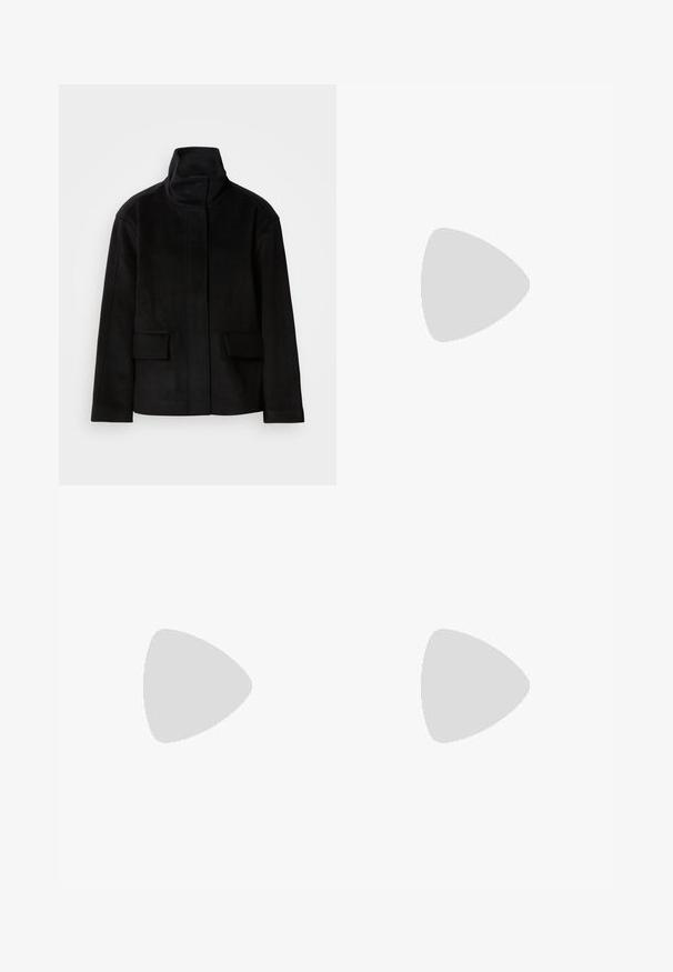 Black high-collar jacket with a smooth texture, featuring two front pockets and a structured design, made from a warm, soft fabric.; Cropped blue shirt with vertical white stripes, classic collar, long sleeves, and button front; made from smooth, lightweight fabric.; Wide-leg dark blue denim jeans with a high waist, front pockets, and a button closure. Features contrast stitching and a smooth texture.; White sneaker with a canvas upper, round toe, and flat rubber sole. Features gold eyelets and a light beige heel accent.
