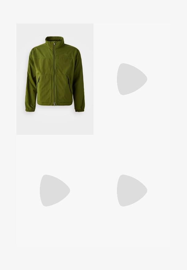 Oliven grøn North Face jakke med fuld front lynlås, høj krave, elastiske manchetter og to frontzip-lommer.; Langermet grønne sports T-shirt i struktureret stof med kontrasterende brune sidedele og hvide sømme langs kraven og sømmen.; Sorte svedbukser med elastisk talje, løs pasform, afsluttede ankler, glat tekstur og uden synlige mønstre eller hardware-detaljer.; Mørkegrøn Nike løbesko med sorte accenter, netoverdel, snørebånd og fuldlængde Nike Air sål på en hvid baggrund.