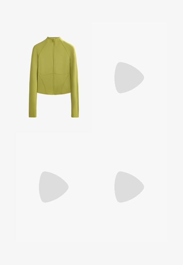 Light green cropped jacket with long sleeves, high collar, and front zip closure. Features seam detailing for a fitted look.; Cropped sweatshirt in soft, light green cotton with blue "PHYSICAL EDUCATION" print. Features ribbed cuffs and crew neck.; Beige high-waisted leggings with a ribbed texture, featuring a smooth waistband and fitted legs, designed for comfort and flexibility.; Light pink running shoe with a mesh upper, white accents, and a cushioned sole, featuring a streamlined design and textured finish.