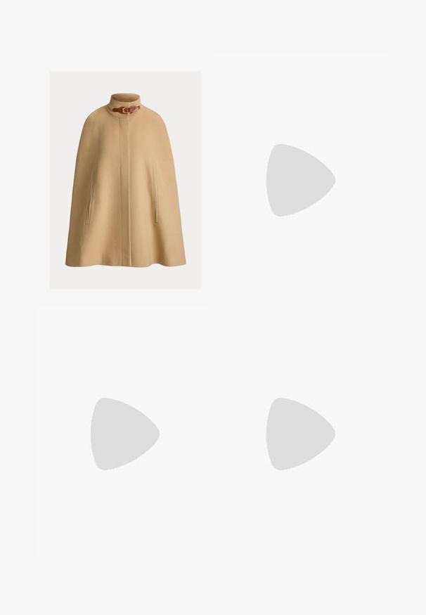 Beige wool cape with a high collar, buckle detail, and two side pockets. Smooth texture and straight, knee-length cut.; Cropped white cotton t-shirt featuring bold black text "RALPH" above "POLO LAUREN". Short sleeves, round neckline, simple design.; White denim overalls with adjustable straps, front pocket, and button accents on sides. Features short legs and a clean, smooth texture.; Black and gray patterned sneakers with a white rubber toe cap, featuring a lace-up design and textured black accents on the sides.