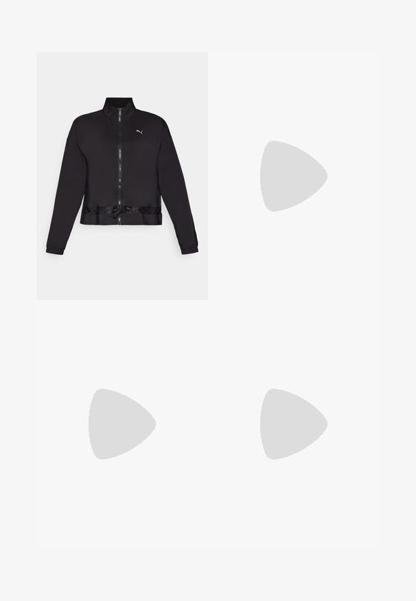 Black zip-up jacket with a high collar, elastic cuffs, and a drawstring bottom. Features a reflective logo on the chest. Smooth fabric.; Black athletic tank top made of smooth, stretchy fabric with a crew neckline. Features a small white Puma logo on the front.; Black athletic shorts made of stretchy fabric. Features a white "PUMA" logo on the waistband and a small white logo on the leg.; Black athletic shoes with white accents, featuring a textured upper, thick sole, and prominent branding. Orange leggings with pattern detail.