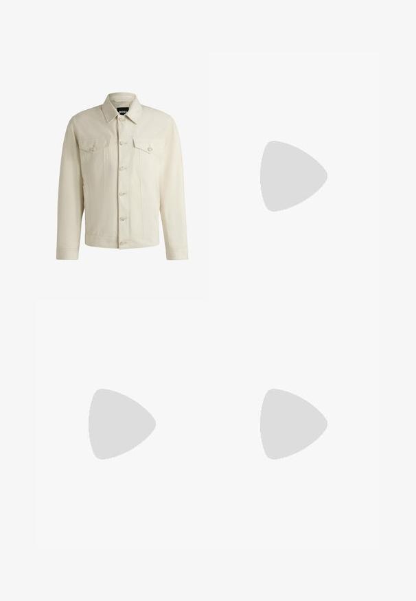 Light beige denim jacket with a classic collar, front button closure, two chest pockets, and subtle stitching details. Smooth texture.; White cotton t-shirt with a relaxed fit, featuring a small black graphic logo on the left chest area. Short sleeves, crew neck style.; Slim-fit white trousers with belt loops, front zipper, and side pockets, displayed flat on a neutral background.; White and light beige athletic sneaker, featuring a mesh upper, perforated detailing, and a textured midsole with branding on the heel.