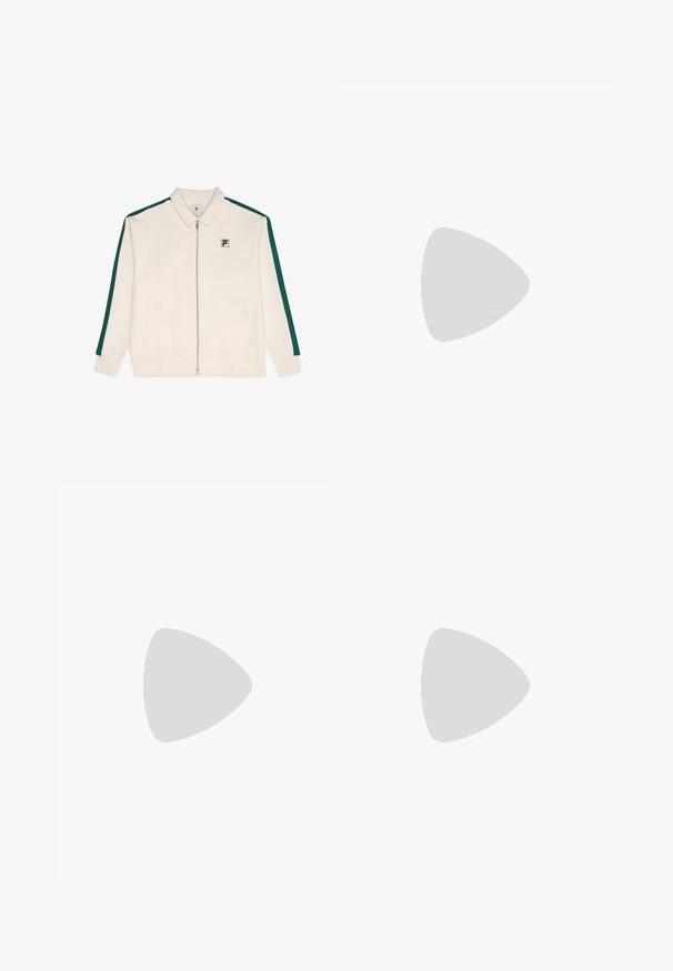 Chaqueta blanca con cremallera y franjas laterales verdes, textura suave, cuello y dos bolsillos frontales. Presenta un logo en la parte izquierda del pecho.; Camiseta de algodón blanca con mangas cortas, cuello redondo y un pequeño logotipo rectangular azul impreso en el lado izquierdo del pecho. Textura suave.; Pantalones de lounge beige con cinturilla elástica y cordón, que presentan un diseño de pierna recta y una textura suave y lisa.; Zapatilla deportiva blanca con acentos en gris y rojo, parte superior de malla texturizada, suela flexible y un diseño de panel lateral distintivo. Presenta cierre con cordones.