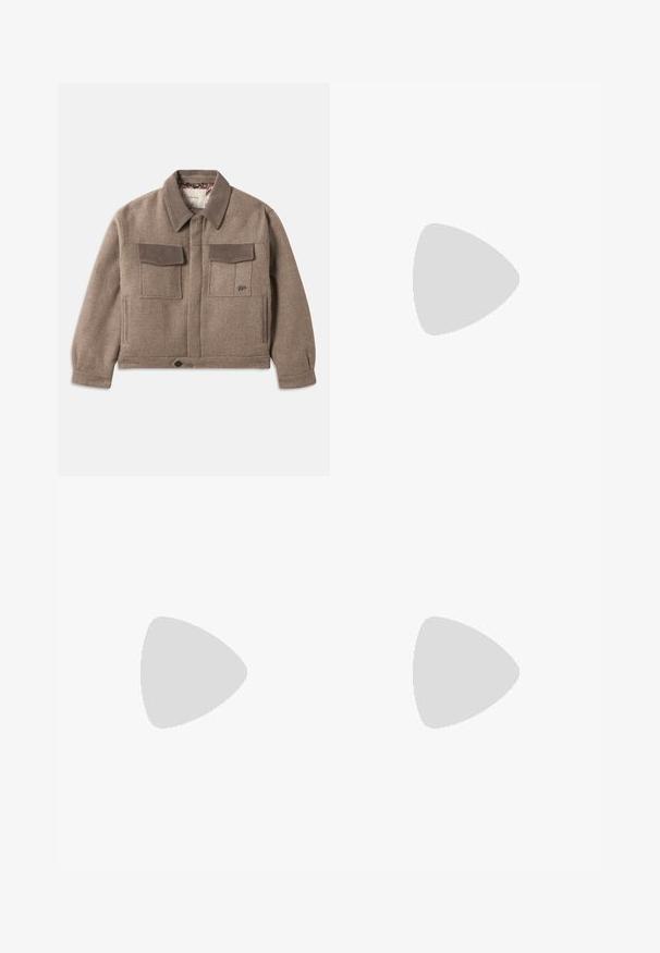 Taupe wool jacket with suede collar and pocket flaps, front button closure, long sleeves, and two chest pockets with flap covers.; Cream cotton-blend sweater with a ribbed crew neckline, dropped shoulders, and ribbed cuffs and hem. Soft texture with a relaxed fit.; Beige cotton pants with straight legs, a front button closure, side pockets, and a smooth texture. Minimalist design, no visible patterns.; Brown suede shoes with a low profile, laced design, rubber sole, and contrasting stitching details. Simple and functional style.