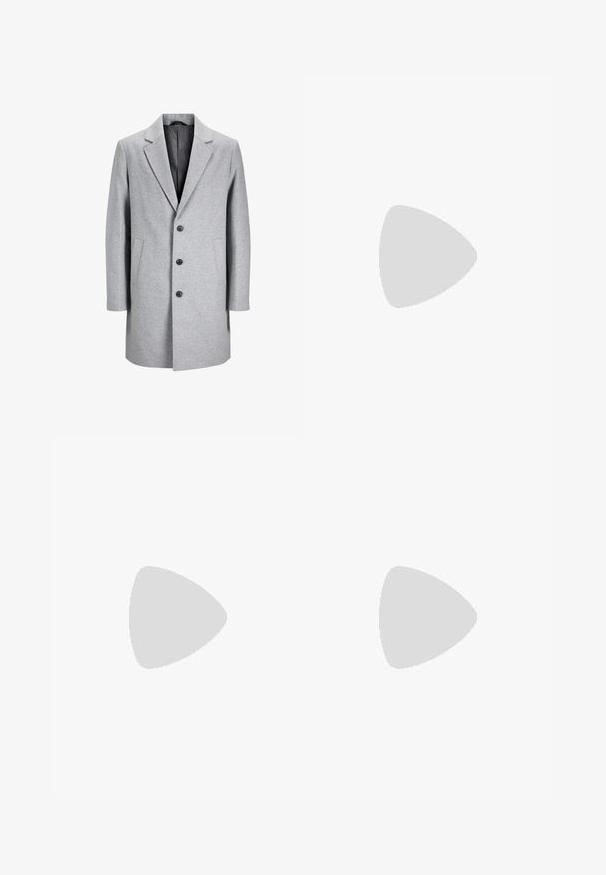 Light gray wool coat with a notched lapel, three black buttons, and two side pockets. Features a clean, tailored silhouette.; Gray cotton t-shirt with short sleeves, round neckline, and a white logo "JACK & JONES" printed on the left chest area.; Dark blue denim jeans with a straight leg design, featuring a button closure, five pockets, and contrasting stitching. Smooth texture.; Black leather sneaker with white stripes, textured rubber sole, and lace-up front. Features a branded label on the tongue.