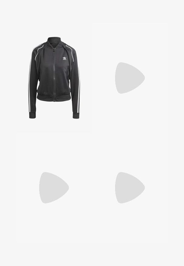 Black athletic jacket made of smooth fabric, featuring a ribbed collar, white side stripes, and zippered front with two side pockets.; Button-up shirt in lavender with vertical stripes in dark gray. Features a small chest pocket and embroidered logo on the left side.; Black wide-leg sweatpants with an elastic waistband, featuring white side stripes and an embroidered logo on the left thigh.; Black patent leather sneakers with three white stripes, black laces, and textured black sole, paired with olive green pants.