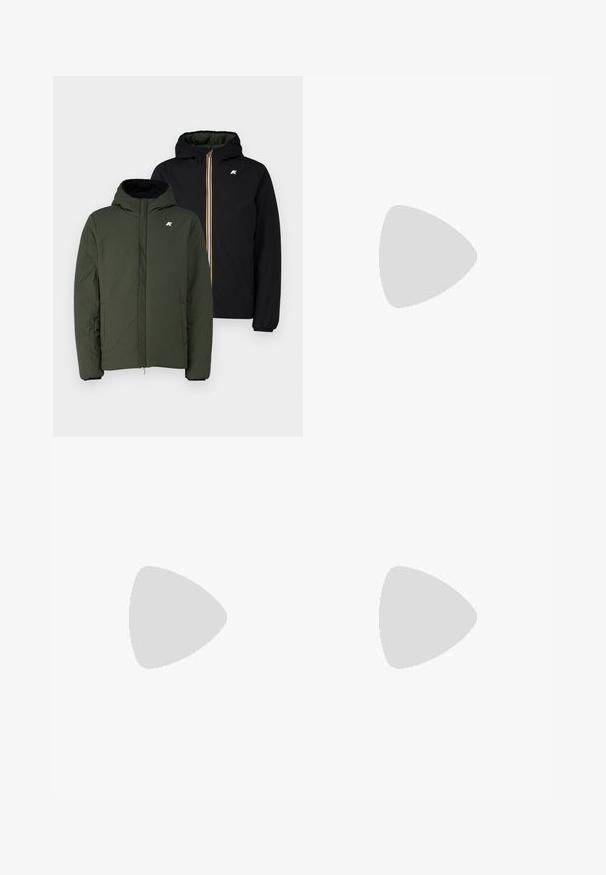 Due giacche esposte insieme; una è verde oliva con chiusura lampo frontale, l'altra è nera con una cerniera gialla, entrambe con cappucci e tasche laterali.; Maglione a maniche lunghe blu navy realizzato in un tessuto a maglia fine. Presenta un collo rotondo e polsini a coste sulle maniche e sull'orlo. Logo Calvin Klein visibile.; Levi's® 501 - Jeans a sigaretta - smooth cruise cool; Sneaker Lacoste grigie scure in materiale mesh e sintetico, con suola testurizzata e dettagli marroni sul colletto e sul branding.