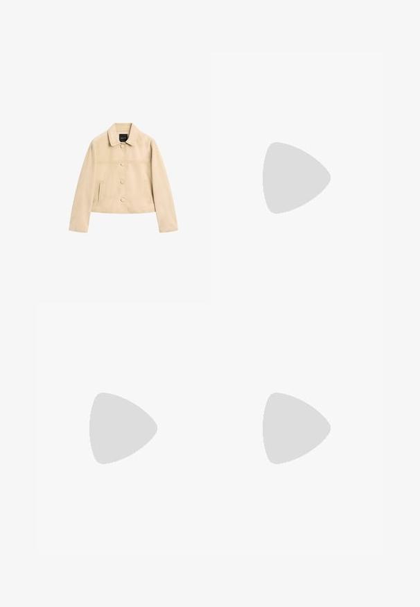 Beige suede jacket with a collar, front buttons, and two side pockets. Features a slightly cropped design and simple stitching details.; Lace button-up blouse in off-white, featuring a collared neckline, long sleeves, textured pattern, and scalloped hem.; Light blue denim jeans with a straight-leg cut, two front pockets, and two back pockets. Includes two-button fly and subtle stitching.; Brown suede sneakers with white accents and laces. Rubber gum sole. Worn with white socks featuring black stripes. Green textured flooring.; Gold metal-frame sunglasses with dark green lenses, aviator style, featuring slim arms and tortoiseshell accents on the tips.