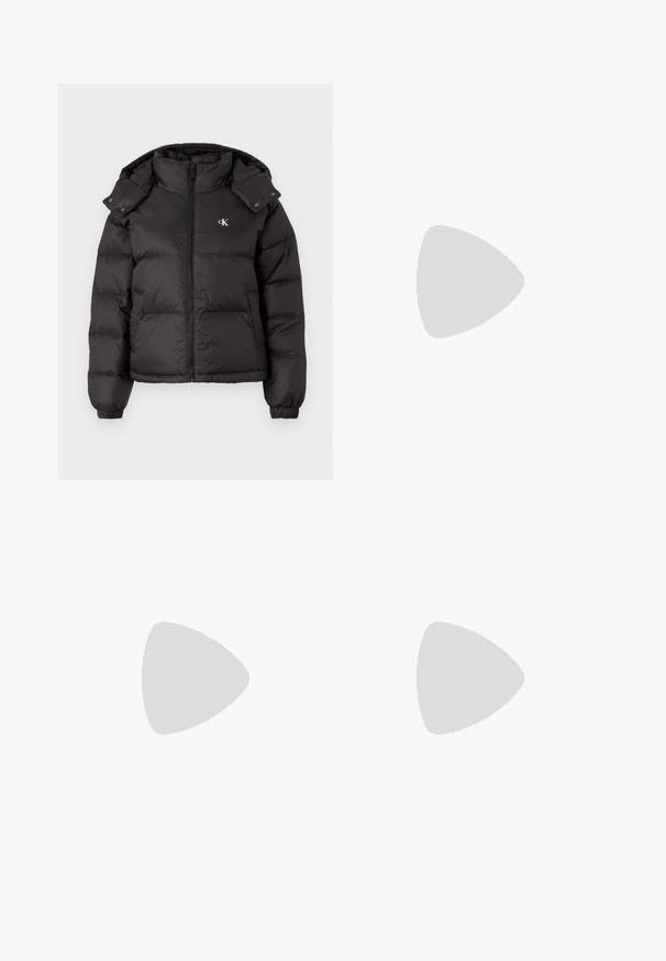 Black puffer jacket with a high collar, zip closure, and an embroidered logo on the chest. Features elastic cuffs and a detachable hood.; White V-neck t-shirt with short sleeves, made of ribbed fabric. Features a small logo patch on the left side near the hem.; Black wide-leg jeans made of denim, featuring a high-rise waist, five-pocket styling, and a metal button closure with contrasting stitching.; Black leather loafers with a rounded toe, thick textured sole, and minimal stitching details. Sleek design with no visible laces or hardware.