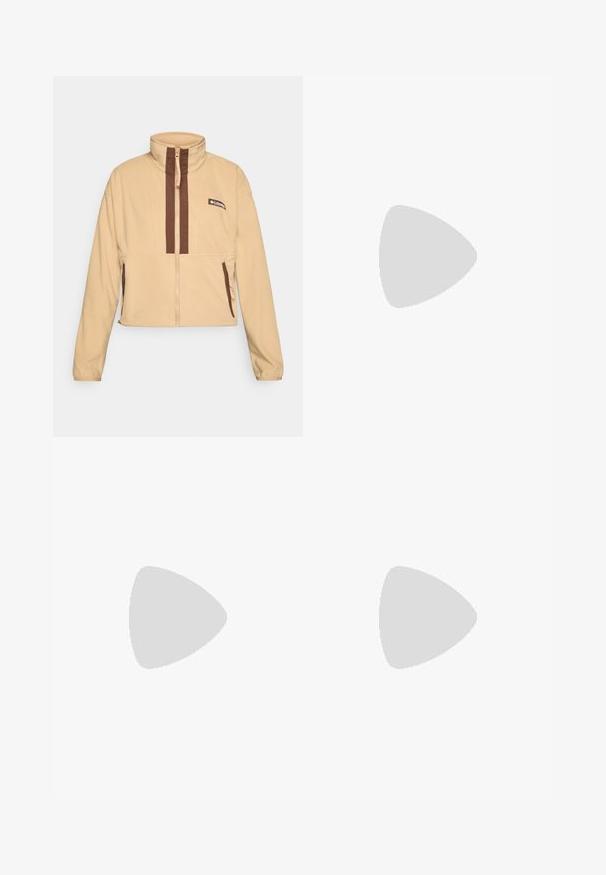 Vaaleanbeige fleece-takki, jossa on korkea kaulus, ruskeat pystysuorat raidat ja vetoketjukiinnitys, korostettuna sivutaskuilla ja logopatchilla.; Lyhythihainen, pyöreäkauluksinen t-paita vaaleassa beigen puuvillassa, jossa on pieni, sävy sävyyn logo rinnassa ja rento istuvuus.; Mustat, kevyet, vettähylkivät housut, joissa on joustava vyötärö ja kaksi sivutaskua; sileä pinta; suora lahjeturkki.; Musta urheilujalkine, jossa on hengittävä verkkomateriaali, kumipohja, valkoinen vaimennusrakenne ja heijastavat nauhat. Vibram-logo pohjassa.