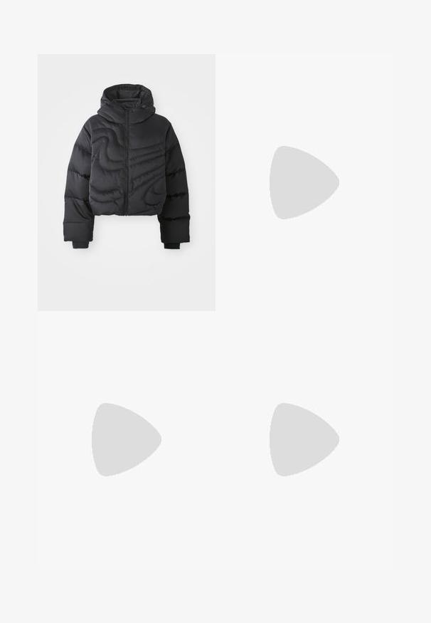Black cropped puffer jacket with a front zipper, hood, and textured horizontal quilted design. Features elastic cuffs and a smooth finish.; Light gray long-sleeve t-shirt made of soft cotton. Features a loose fit, round neckline, and gently gathered cuffs. No patterns or graphics.; Wide-leg blue denim trousers with a high waist, contrasting stitching, and side pockets, featuring a classic five-pocket design and raw hems.; Sneaker features a soft pink suede upper, white leather panels, and a textured rubber sole. Notable swoosh logo on sides, laced design.