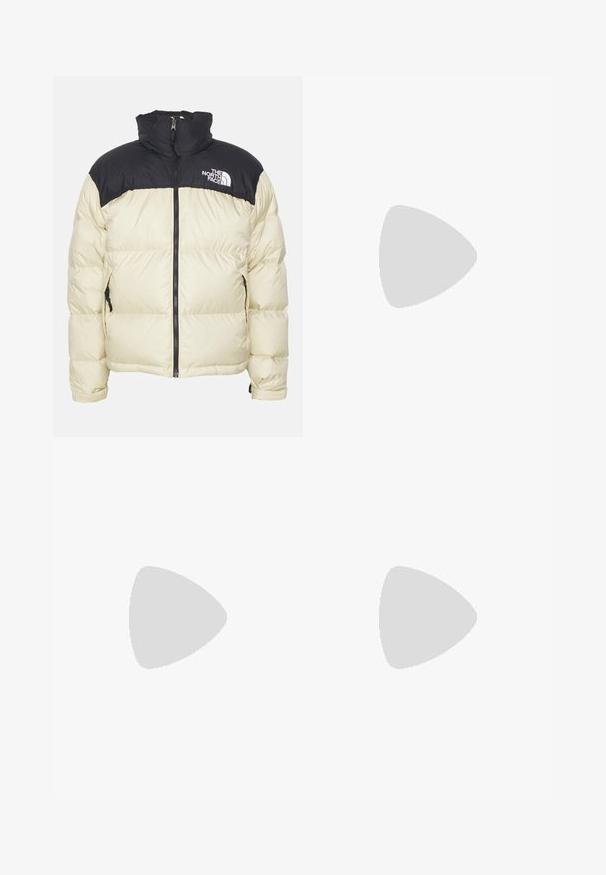 Daunenjacke mit einem schwarzen oberen Teil und einem cremefarbenen unteren Teil; sie verfügt über einen hohen Kragen, einen Reißverschluss vorne und Seitentaschen; aus atmungsaktivem Material hergestellt.; Beige Baumwoll-T-Shirt mit kurzen Ärmeln, Rundhalsausschnitt und einem Sonnenstrahlen-Graphic, das auf der linken Brust aufgedruckt ist. Glatte Textur.; Dunkelgraue Cargo-Hosen aus strapazierfähigem Stoff, mit geradem Bein, fünf Taschen und einem Knopfverschluss an der Taille.; Die Nike P-6000 Sneakers verfügen über ein cremefarbenes Mesh-Obermaterial mit orangefarbenen und silbernen Akzenten, einer gepolsterten Sohle und einer strukturierten Oberfläche für besseren Grip.