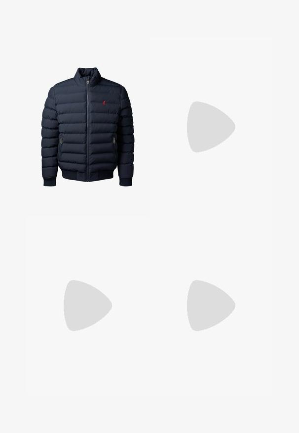 Navy blue quilted puffer jacket with front zipper, zippered side pockets, ribbed cuffs, and a small red embroidered logo on the chest.; White short-sleeve T-shirt in a ribbed texture. Round neckline, relaxed fit, no visible patterns or accents. Simple and versatile design.; Black denim jeans with a straight-leg design. Features a button closure, belt loops, and two side pockets. Smooth texture, no visible patterns.; White slip-on sneakers with a textured surface, a thick sole, and minimalistic design. Features brand logo on the side.