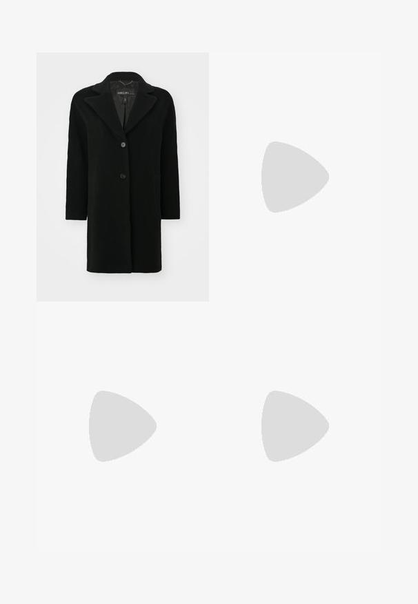 Black wool coat with a notched lapel, single-button closure, and side pockets. Clean design, mid-length with a soft texture.; White long-sleeve button-up shirt made of cotton. Features a classic collar and subtle branded embroidery on the chest. Smooth texture.; Black wide-leg trousers with a flat front, two pleats, and an elastic waistband featuring a white and black striped detail.; Light beige leather loafers with a stitched front and a textured black platform heel. Features a curved design and a slight elevation.