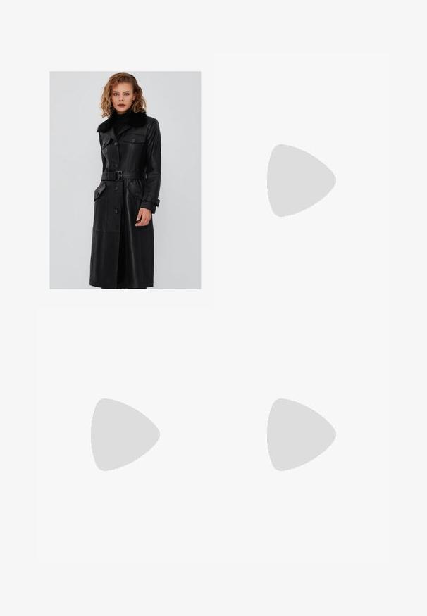 Schwarzer Leder-Trenchcoat mit einem Fellkragen, Gürtel in der Taille, Knopfverschluss und zwei vorderen Taschen; zeichnet sich durch eine glatte Textur und einen maßgeschneiderten Schnitt aus.; Schwarzer, verkürzter Pullover mit Kabelstrickmuster, ausgestattet mit einem gerippten cremefarbenen Kragen und Bündchen, einer Drei-Knopf-Leiste und strukturiertem Stoff.; Grünes kariertes Crop-Top mit langen Ärmeln, das über einen gerafften Ausschnitt und eine schwarze Schleifenakzent an der Taille verfügt. Hergestellt aus leichtem Material.; Schwarze, ausgestellt geschnittene Hose mit einem elastischen Bund, hergestellt aus einem weichen, dehnbaren Stoff. Sie hat eine glatte Oberfläche und keine sichtbaren Muster oder Beschläge.; Schwarze Wildleder-Mokassins mit Fellbesatz, geflochtenen Nähten und einer kräftigen schwarzen Sohle. Mit einem markierten Riemen über dem Obermaterial.