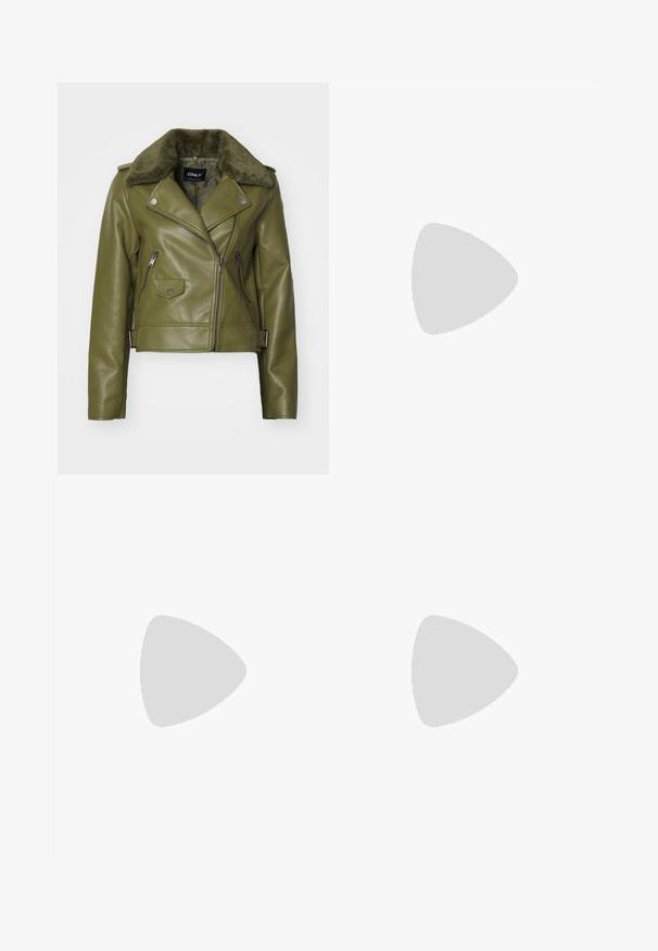 Olive green leather biker jacket with a faux fur collar, asymmetrical zip, zippered pockets, and metal hardware accents. Cropped design.; Black long-sleeve top featuring a mix of smooth fabric and textured lace accents, with an asymmetrical cut and flared sleeves.; Olive green leather skirt with a belted waist, featuring two front pockets and smooth texture. A-line silhouette with a modern design.; Black leather ankle boots with a slouchy design, pointed toe, and high stiletto heel, featuring a soft, textured finish around the cuff.