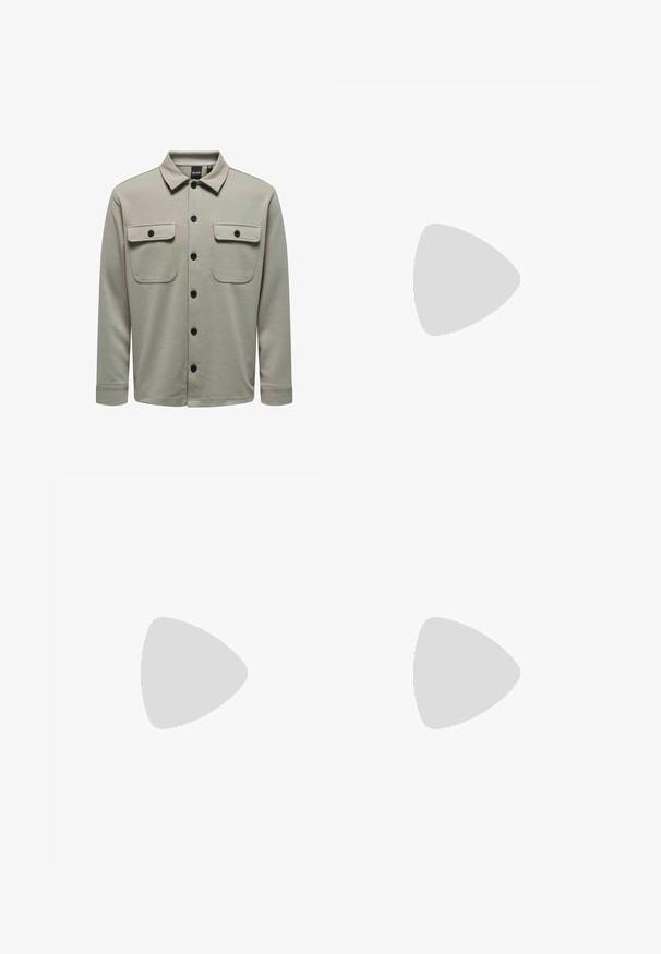 Camisa abotonada gris claro con cuello, dos bolsillos en el pecho con solapas y botones negros. Hecha de una tela texturizada con mangas largas.; Dos suéteres negros de manga larga y cuello alto, de punto liso, apilados con uno ligeramente detrás del otro sobre un fondo blanco.; Pantalones cargo caqui con cintura elástica y cordón, que cuentan con bolsillos laterales y tobillos ajustados. Fabricados en un material ligero y texturizado.; Zapatillas de cuero blanco con perforaciones, punta redonda, suela plana y cordones gruesos, con un logo de swoosh visible y "AIR" en el talón.