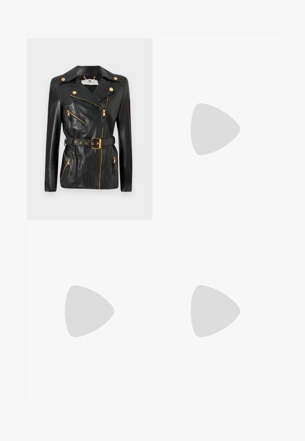 Black leather jacket with a belted waist, gold hardware, asymmetrical zipper design, and four zippered pockets. Smooth texture.; Black turtleneck sweater featuring long sleeves, ribbed texture, lightweight knit material, and a fitted silhouette. No visible logos or patterns.; Burgundy mini skirt with a slim fit, featuring a front zip, decorative zippers, a slit, and a button closure with gold accents.; Black leather high-heeled shoe with pointed toe, ankle strap, and a thin heel. Smooth texture with a gold accent on the heel base.