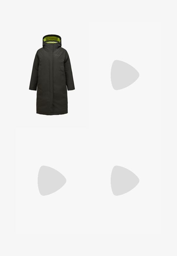 Parka larga negra con capucha, con un forro interior de color verde brillante. Fabricada con un material suave y resistente al agua, de diseño minimalista.; Sudadera corta gris con capucha ajustable, mangas largas, puños de canalé y un interior suave. Presenta un logo sutil en el pecho.; Leggings negros de cintura alta hechos de una tela elástica y suave. Cuenta con dos bolsillos laterales y costuras de contraste a lo largo de las costuras.; Zapatilla de running de New Balance en gris claro y rosa con suela blanca gruesa y suela negra, vista lateral sobre fondo liso.