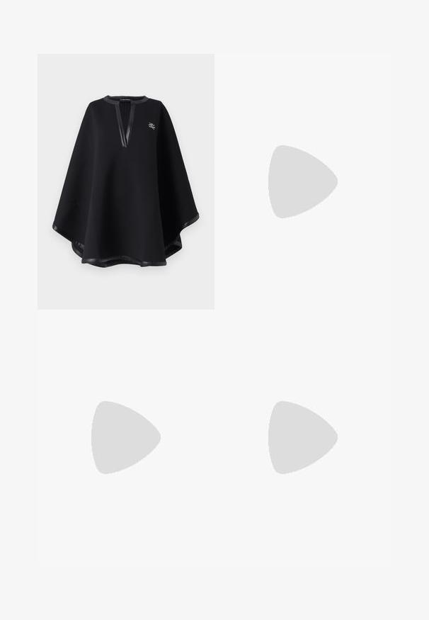 Black poncho made of soft fabric, featuring a deep V-neckline with faux leather trim and an embroidered logo. Smooth, textured finish.; White cotton long-sleeve shirt with a button-up front, featuring a left chest pocket and black "Karl" signature embroidery on the side.; Black trousers featuring a straight cut, smooth texture, and a waistband with a single button closure. No visible patterns or accents.; Black leather slingback heels with a pointed toe, slender heel, and decorative buckle detail on the vamp. Smooth texture and sleek design.; Beige leather handbag with a structured, triangular shape, featuring a silver chain handle and a cursive logo in metal.