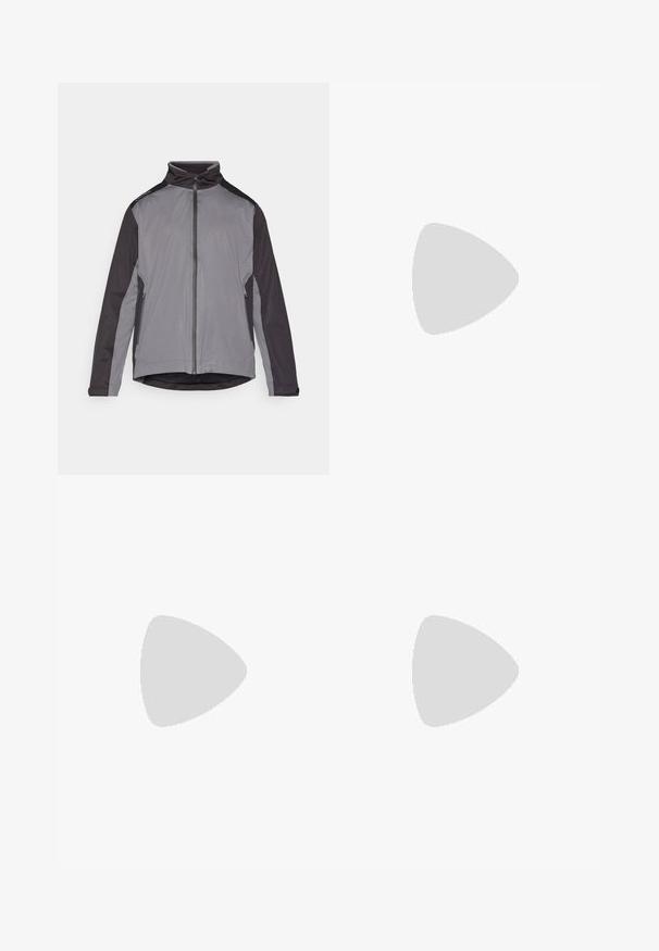 Pelēks un melns vieglais apģērbs ar augstu apkakli, ar rāvējslēdzēju, sānu kabatām un atšķirīgām paneļām uz piedurknēm. Visā virsmā ir gluda tekstūra.; Pusla ar ceturtās daļas rāvējslēdzēju tumšā pelēkā krāsā ar gaiši pelēku ševronu dizainu krūšu rajonā. Aprīkota ar garām piedurknēm un faktūrētu audumu.; Melnas, vieglas bikses ar šauru piegriezumu, ar gludu tekstūru, pogu aizdari un smalku režģa rakstu.; Baltas sporta apavu modelis ar gludu augšpusi, pelēkiem akcentiem un teksturētu melnu zoli, kurā ir oranži uzgaļi. Viegls dizains, kas vērsts uz komfortu.