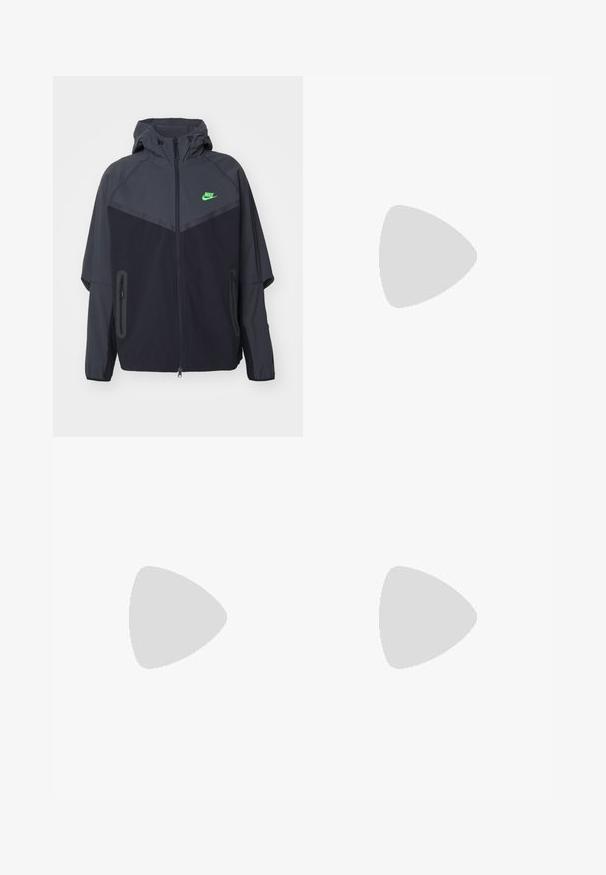 Veste légère noire et gris foncé avec capuche, dotée d'un logo Nike vert, de poches zippées et d'un design épuré et sportif.; T-shirt en coton blanc à manches courtes et col rond ; présente un petit logo rectangulaire noir Nike Air sur la poitrine gauche.; Carhartt WIP BALTO - Short - graphite; Baskets en cuir blanc avec logo Nike vert, bout rond, semelle plate, associées à un pantalon en denim bleu clair, présentées sur un tapis bleu.
