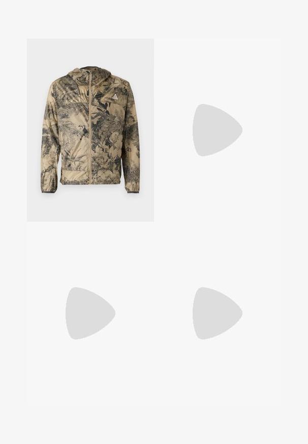 Leichte beigefarbene Jacke mit schwarzem botanischen Druck. Verfügt über eine Kapuze, einen Frontreißverschluss und elastische Bündchen. Minimalistisches Design ohne sichtbare Hardware.; Schwarzes Baumwoll-T-Shirt mit einem bunten Grafik einer grünen Iguana in einem blauen Geschirr, mit Text darunter und einem Logo in der unteren Ecke.; Beige Shorts mit schwarzem Naturdruck, ausgestattet mit einem elastischen Bund und Kordelzug. Hergestellt aus leichtem Material, geeignet für Freizeitbekleidung.; Salomon Sportstyle SPEEDCROSS 3 EXPANSE UNISEX - Sneaker low - vanilla ice/almond milk/cement
