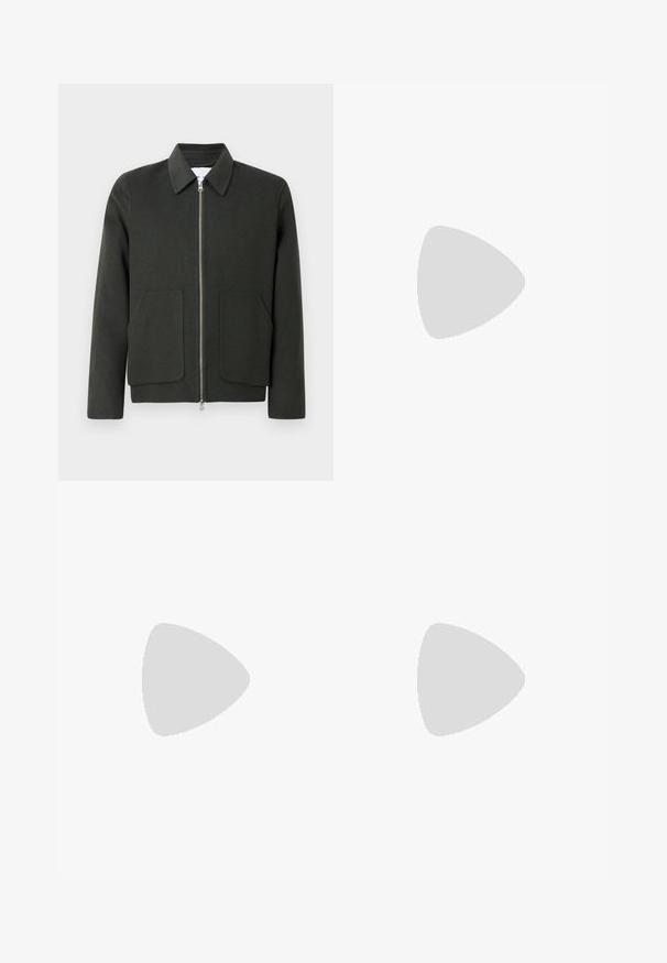 Dark green wool blend jacket with a collared neckline, front zipper, and two large patch pockets. Simple design with soft texture.; Black short-sleeve t-shirt with a textured, geometric pattern, round neckline, and straight cut hem. Made from soft, breathable material.; Blue denim jeans with a straight leg design. Features faded areas and light distressing on the front, with a classic button closure.; White sneaker with a smooth leather upper and a low profile. Features a rounded toe, six eyelets, and a textured rubber sole.