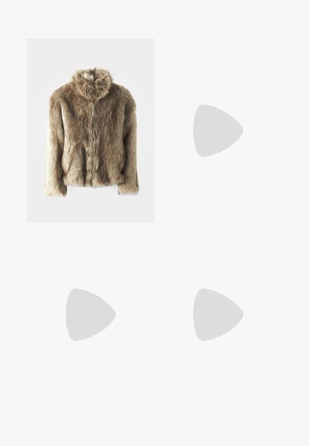 Faux fur jacket in shades of brown with a fold-over collar. Features a front closure, long sleeves, and a soft, textured surface.; Long-sleeve thermal shirt in olive green with a fitted design, featuring a high neck and contrasting striped texture. Brand name "MISBHV" displayed prominently.; Flared denim jeans with a dark to light ombre checkered pattern, featuring a zipper fly, classic five-pocket design, and silver hardware accents.; White sneaker with suede accents, rounded toe, flat laces, and a cream rubber sole. Features green branding on the heel.; Person holding a large textured yellow and blue tote bag, wearing blue checkered pants and white sneakers on a gray floor.