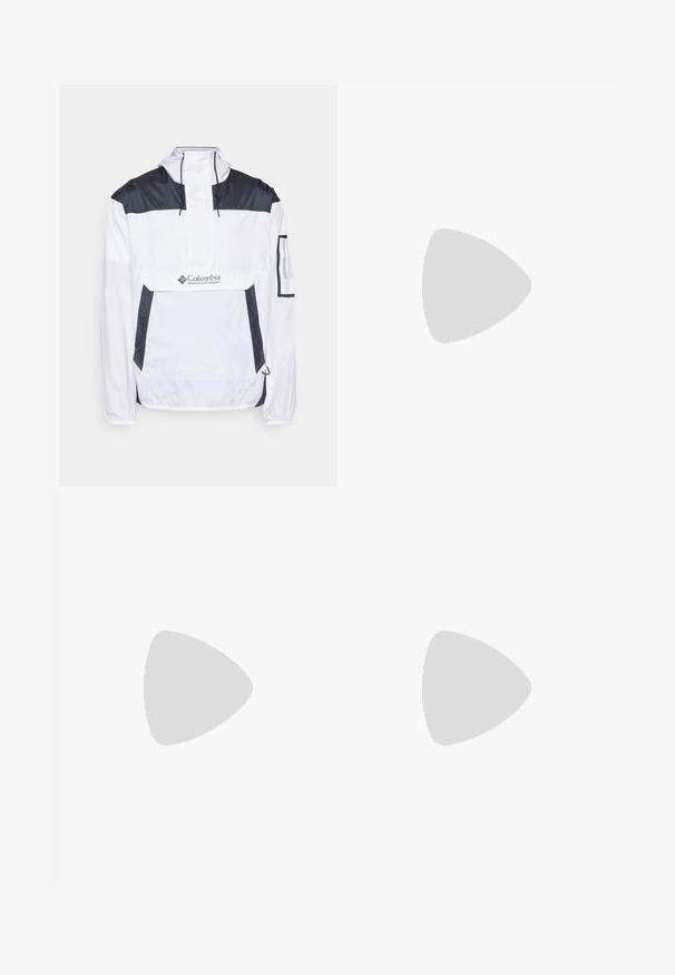 Hvit og marineblå vindjakke med halvlukking foran, justerbar hette og to sidelommer. Har merkevaren på brystet.; Columbia NORTH CASCADES™ SHORT SLEEVE TEE - T-shirts med print - white; Sorte idrettsbukser laget av lett stoff, med snor i livet, sidelommer og smale mansjetter ved anklene.; Svart terrengløpesko med teksturert overdel, gummisåle og forsterket tåhette. Har polstret krage og løftestropp for enkel påkledning.